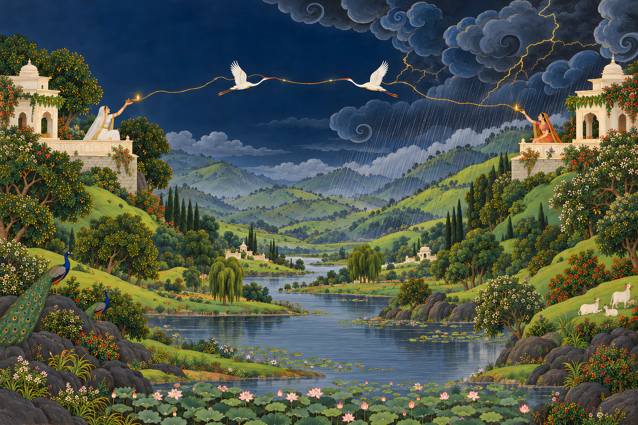 A Pahari-style painting: two women on terraces across a river valley raise lamps to each other; two cranes fly between them on a thread of gold light.