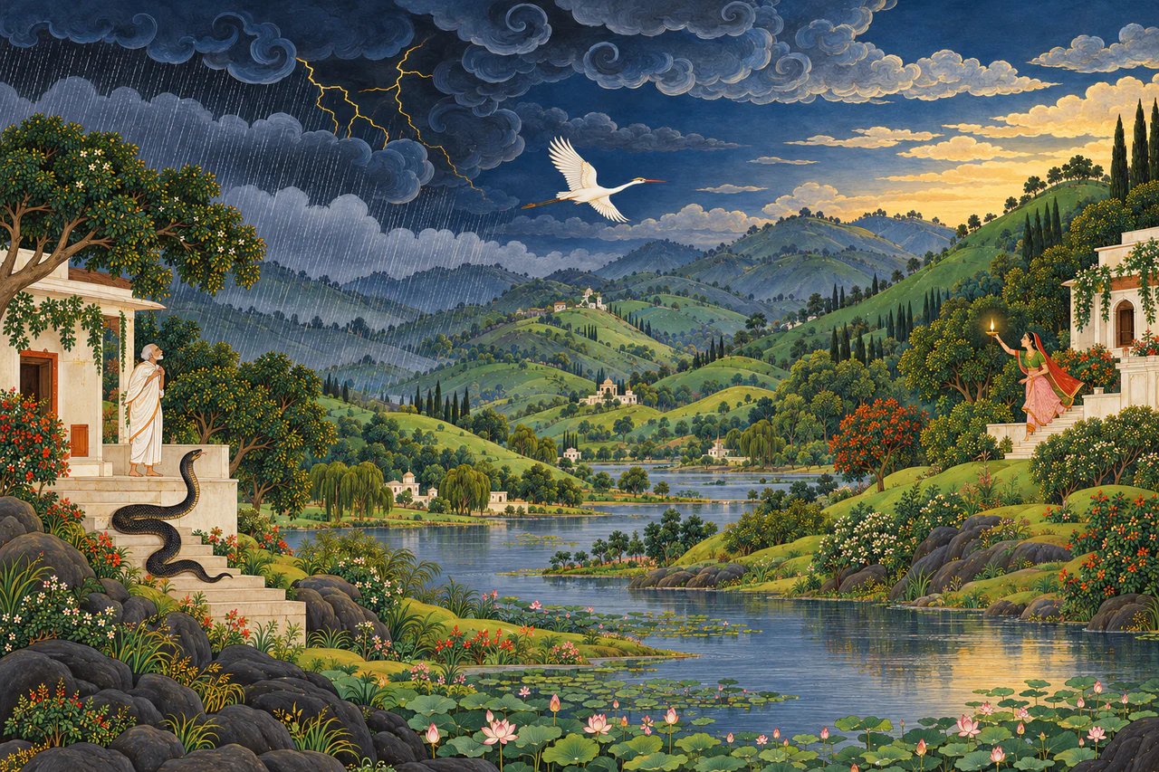 A Pahari-style painting: an old man stands on his steps in a storm while a black serpent climbs toward him; a white crane flies across the valley to a young woman who raises a lamp at dawn.