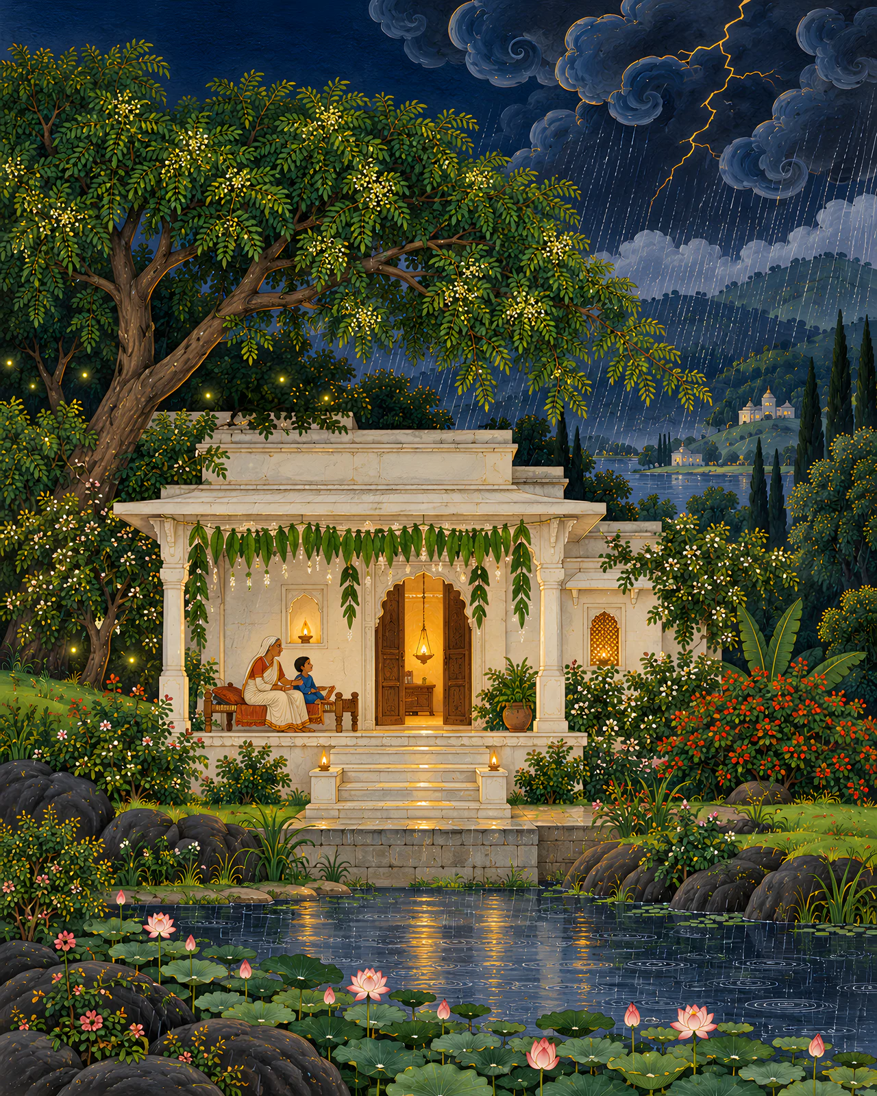 A Pahari-style painting of a white house at night in the rain, a toran of leaves over the door, a grandmother and child safe on the porch.